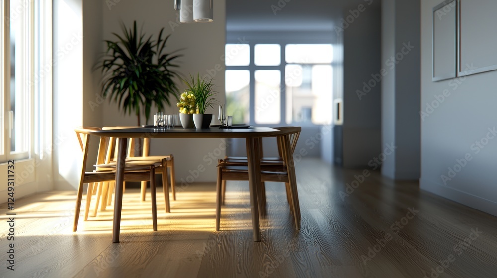 Fototapeta premium Modern dining room with wooden table and chairs, bright natural light, plants, and minimal decor
