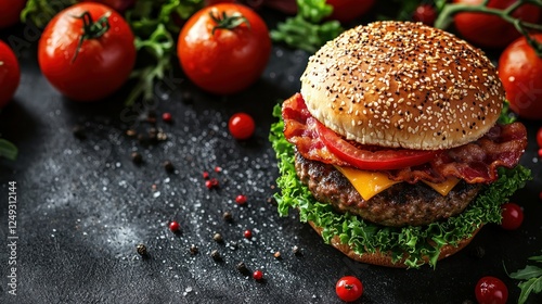 Gourmet Bacon Cheeseburger on Dark Stone Table with Ingredients photo