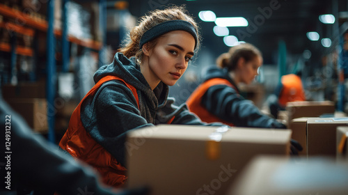 Woman in a warehouse working on a laptop while sitting at a wooden table