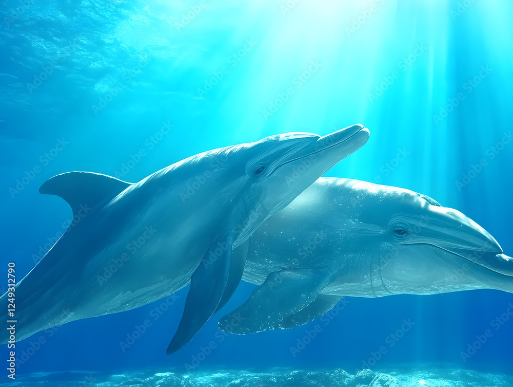 Fototapeta premium Day of Dolphins. Dolphins in a Vibrant Ocean Setting, Showcasing Joyful Activity and the Beauty of Marine Life