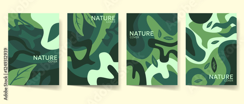 Foliage illustration vector set, leaves cover set for print and digital template. Spring floral pattern poster template collection, nature art. Brochure, flyer design.