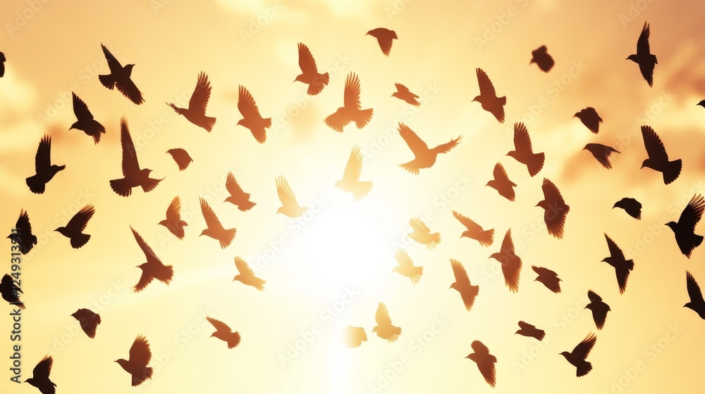 Birds Silhouetted Flying Against Golden Sky at Sunrise or Sunset With Sun Burst and Clouds.