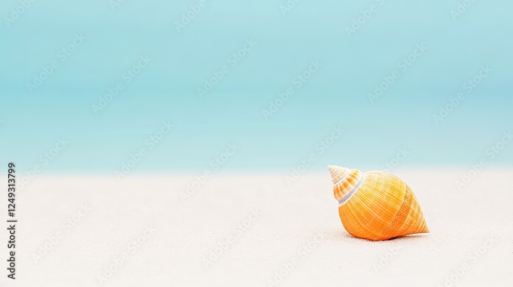 A solitary orange seashell resting on a sandy beach with a serene blue ocean in the background A solitary orange seashell resting on a sandy beach with a serene blue ocean in the background