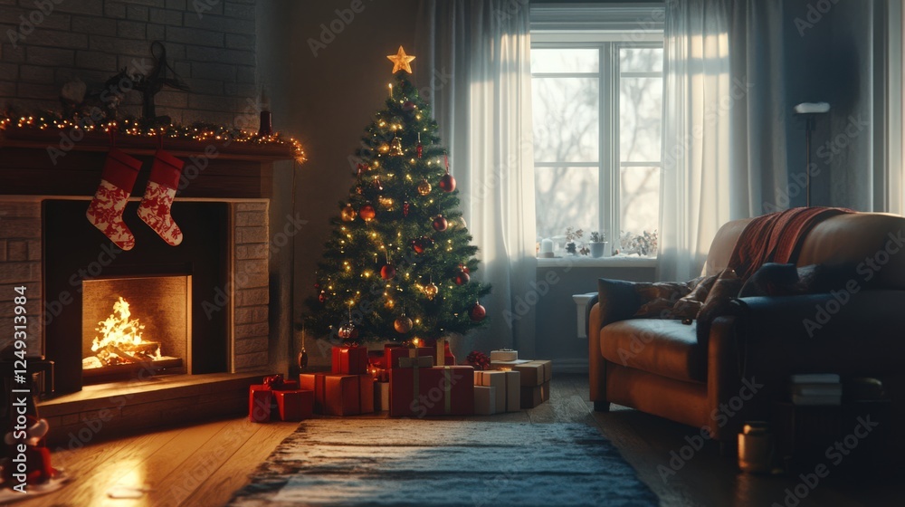 A cozy living room with a Christmas tree in the corner and a fireplace A cozy living room with a Christmas tree in the corner and a fireplace