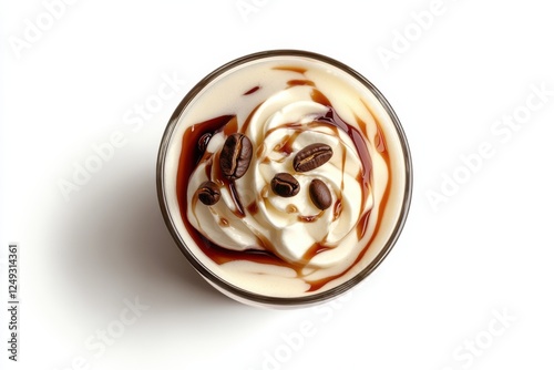 White Russian cocktail in lowball glass with coffee bean garnish and cream swirl, isolated on white background, beverage photography photo