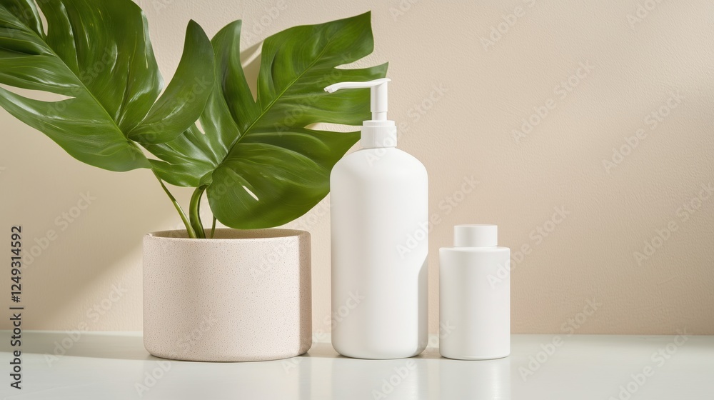 White cosmetic bottles sit next to a lush green plant, creating a calming ambiance in the space White cosmetic bottles sit next to a lush green plant, creating a calming ambiance in the space