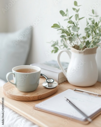 A tranquil workspace features a cup of tea, a stethoscope, and a plant beside books and a notepad, creating calm