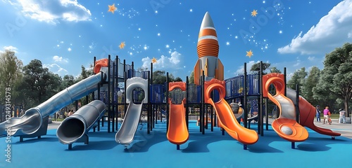 A modern themed playground designed around space exploration with rocket-shaped slides and starry details photo