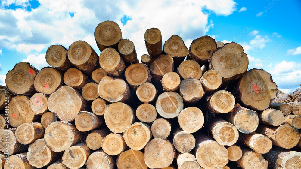 The photo shows round logs stacked against a blue sky The photo shows round logs stacked against a blue sky