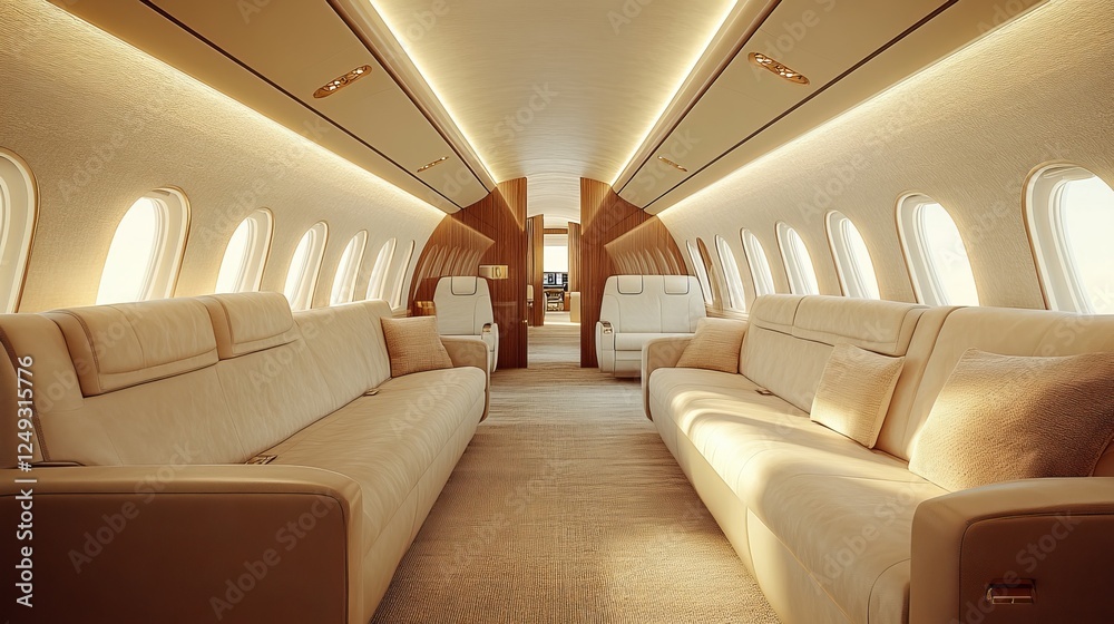 Fototapeta premium Impressive Large Airplane Interior Featuring Abundant Seating Arrangements for Passengers in a Spacious and Comfortable Setting Ideal for Long-Distance Travel and Enjoyable Journeys