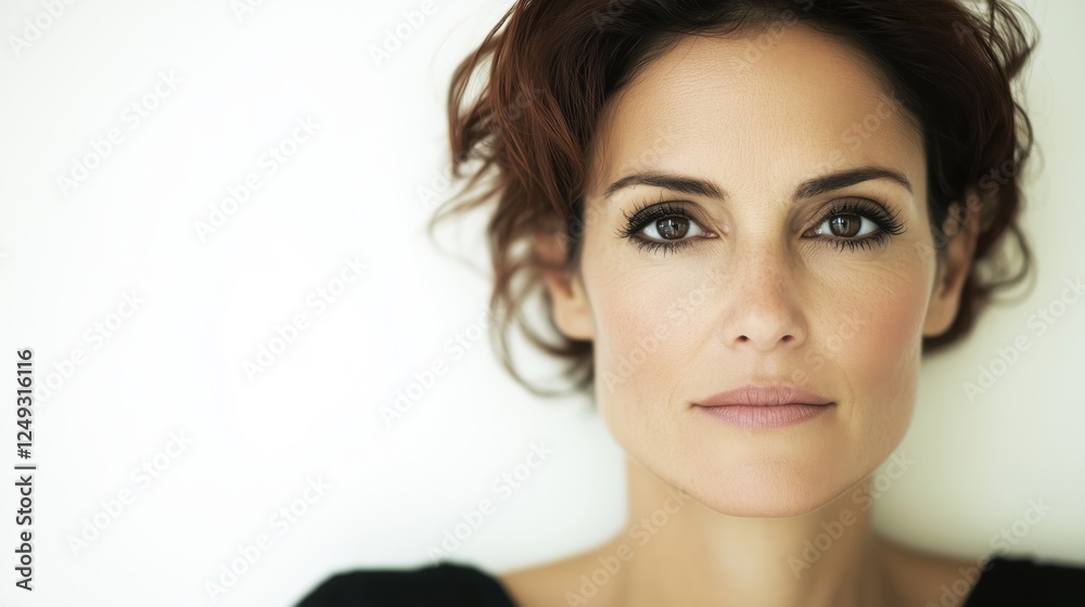 Fototapeta premium A close-up portrait of a woman with short, curly hair and a natural makeup look against a light background.