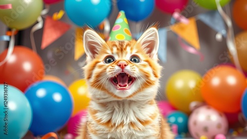 Happy cat wearing a colorful party hat surrounded by balloons and confetti at a joyful celebration indoors, pet, celebration, balloons photo