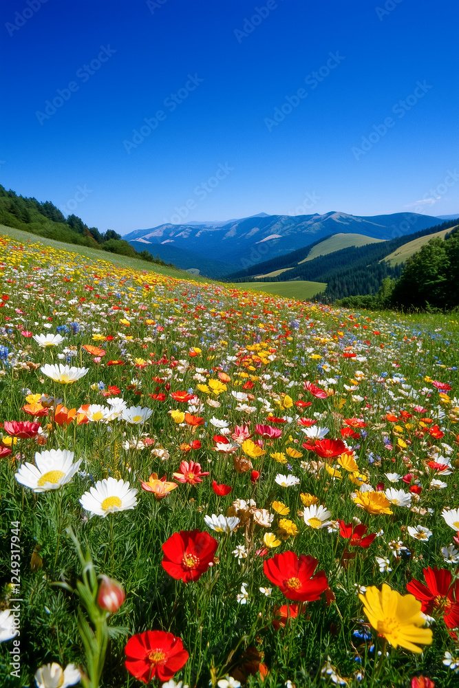 Obraz premium A field of flowers with a blue sky in the background