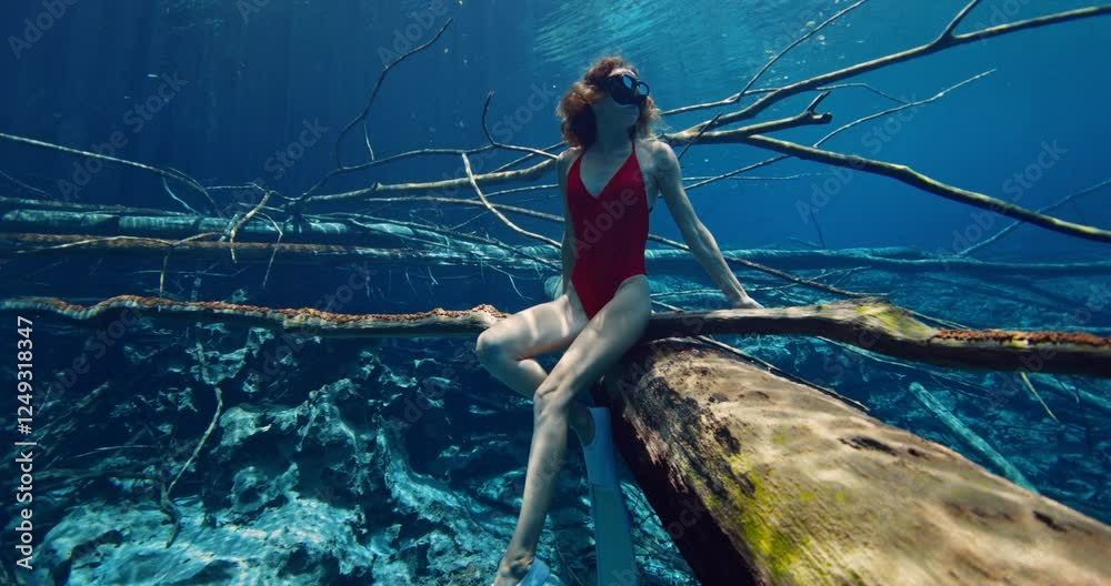Beautiful sexy freediver woman posing on wooden log underwater in transparent blue lake. Freediving in fresh water lake