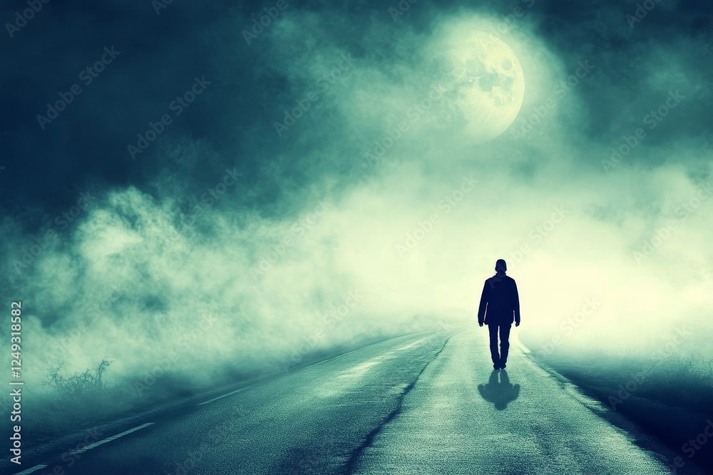 Mysterious Figure Walking Alone on Foggy Road Under Full Moon Mysterious Figure Walking Alone on Foggy Road Under Full Moon