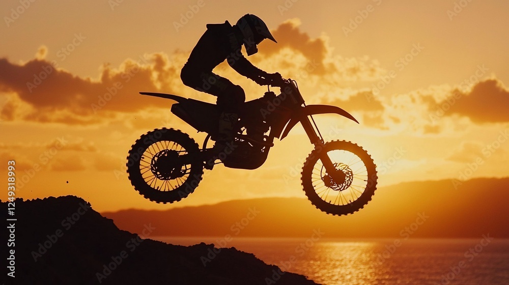 Naklejka premium Motocross rider silhouetted against a sunset.