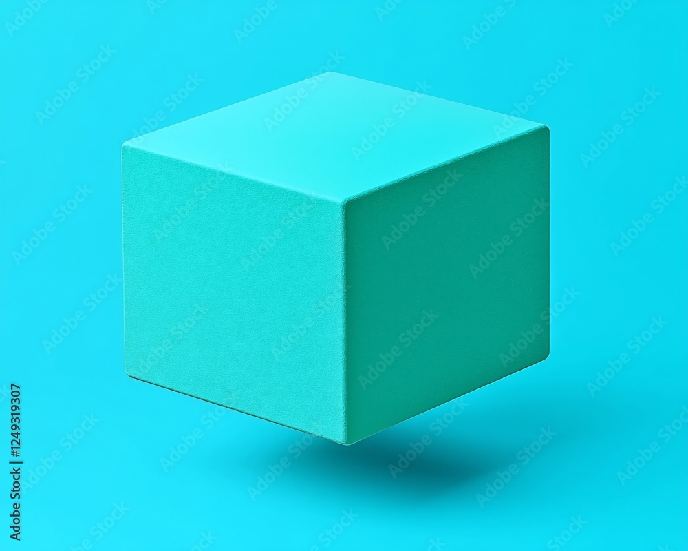 Teal cube on bright blue background, minimalist design, 3D object, for graphic design or product display Teal cube on bright blue background, minimalist design, 3D object, for graphic design or product display