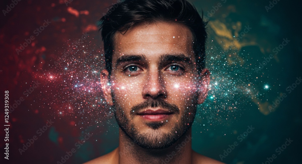 Man's face covered obstructed and surrounded by Outer Space Stars, expressive science astronomy concept
