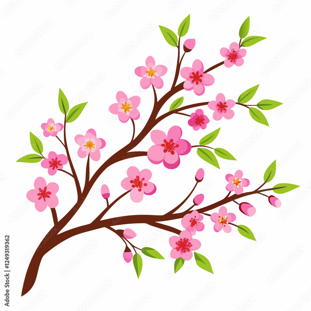 Fototapeta premium Blooming Branch with pink flowers and green leaves on white background