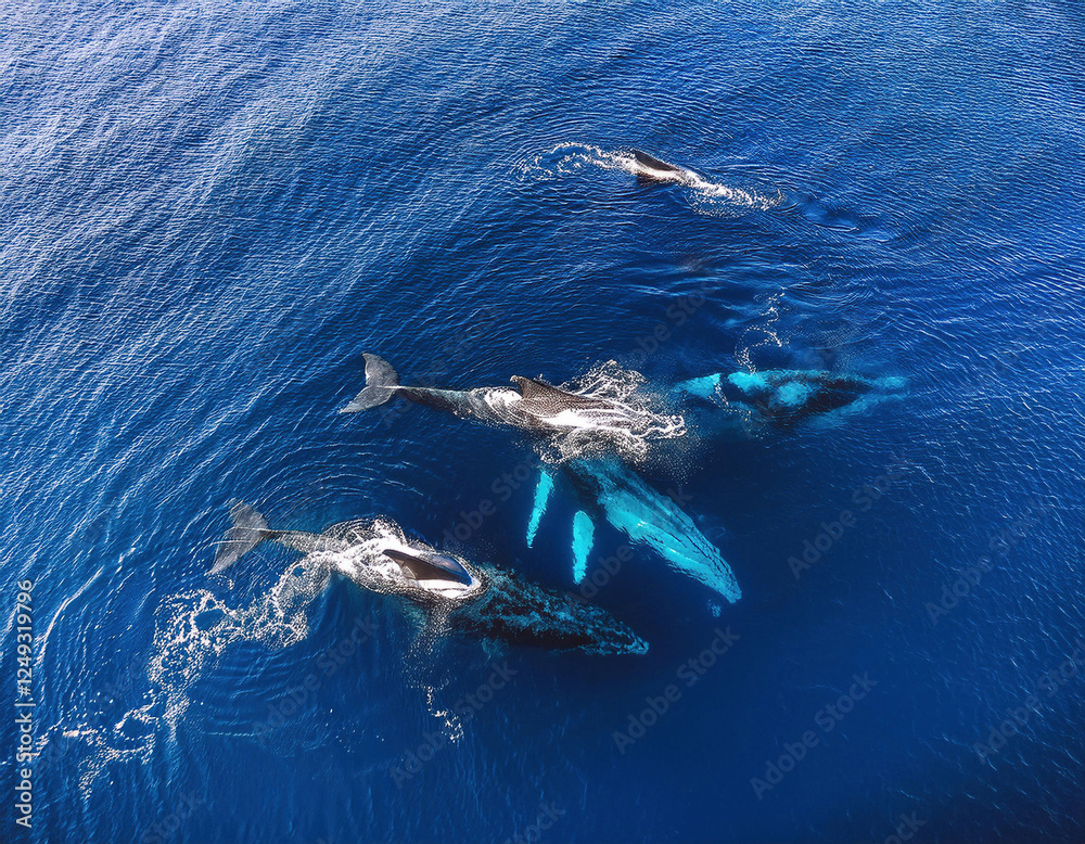 Fototapeta premium A group of humpback whales swimming together in deep blue ocean waters, captured from an aerial view.