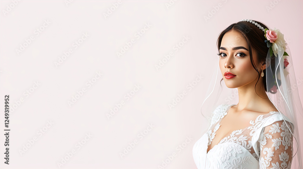 woman in wedding dress. white dress with lace details and elegant veil on hair decorated with floral pattern. wedding background, wedding wallpaper woman in wedding dress. white dress with lace details and elegant veil on hair decorated with floral pattern. wedding background, wedding wallpaper