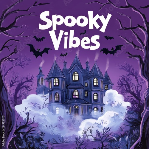 a cartoon illustration of an old haunted mansion surrounded by bats and fog with the text 