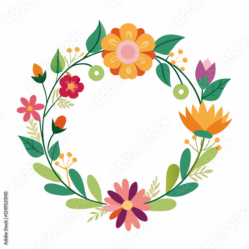 Colorful flower crown illustration with floral elements on white background