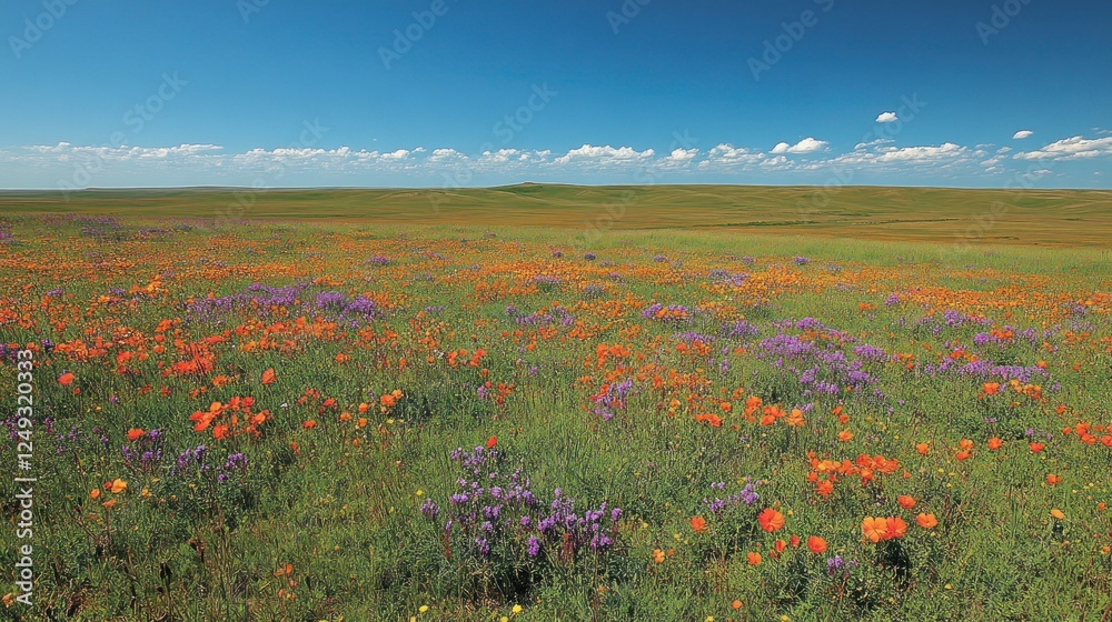 Obraz premium Prairie wildflowers bloom under blue sky, scenic landscape