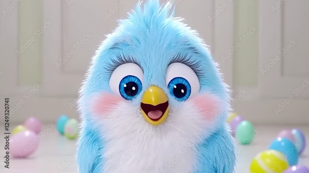 Fototapeta premium Blue Bird Smiling With Pink Cheeks Surrounded By Colorful Easter Eggs on Light Background.