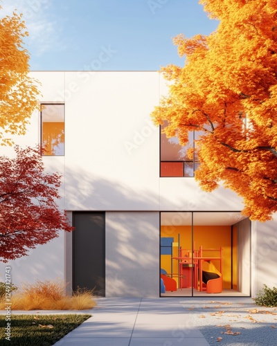 This modern house has a vibrant play area, surrounded by colorful autumn trees for a lively vibe