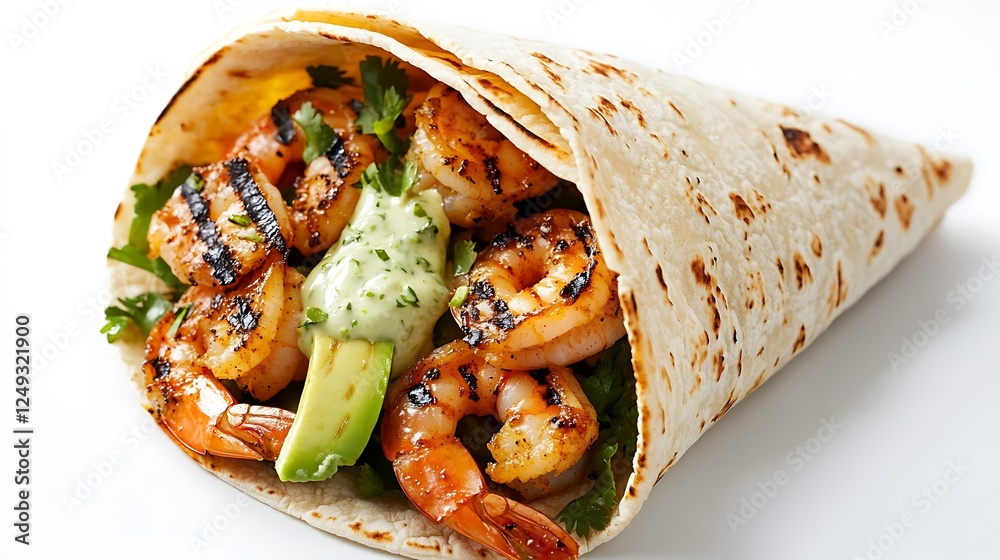 A soft flour taco filled with grilled shrimp, avocado, and a zesty lime crema, against a white background A soft flour taco filled with grilled shrimp, avocado, and a zesty lime crema, against a white background