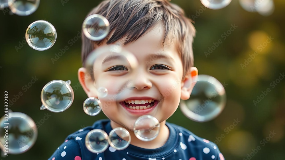 Young child, aged three, smiling with glee as he plays with a large cluster of foam bubbles in an outdoor setting, fun, happiness, enjoyment Young child, aged three, smiling with glee as he plays with a large cluster of foam bubbles in an outdoor setting, fun, happiness, enjoyment