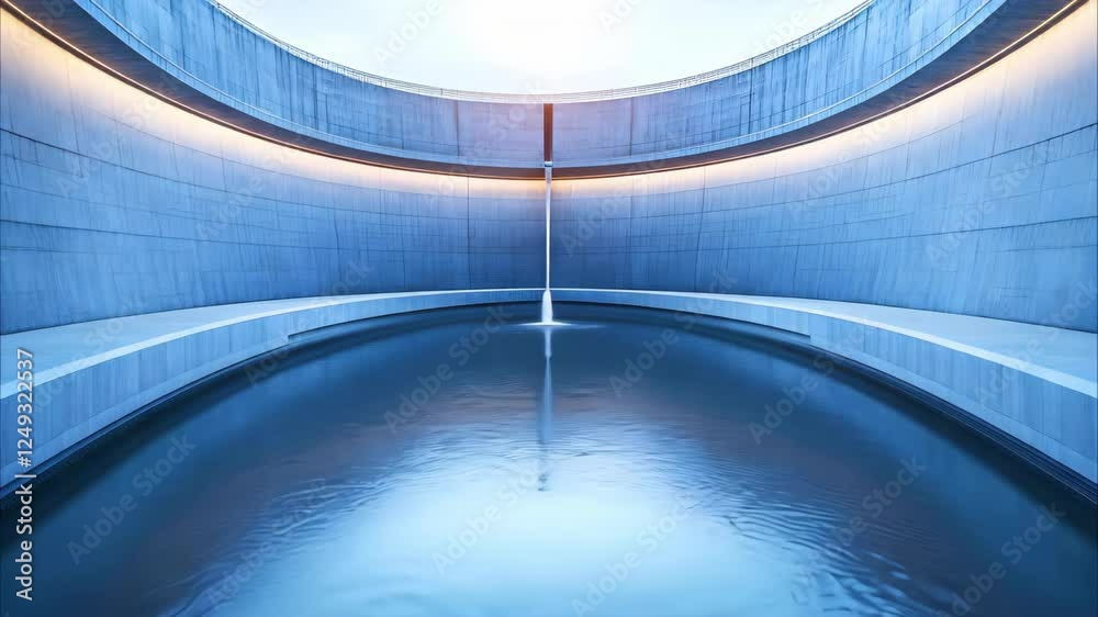 A serene architectural space featuring a circular pool of water with a vertical water feature and smooth concrete walls.