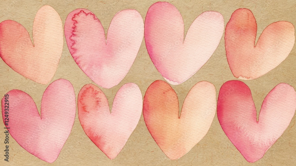 Fototapeta premium Soft watercolor hearts in shades of pink and red create a romantic and cheerful pattern on a textured background.