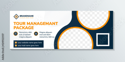Banner template design for promotion of travel and tour company. example of headline is tour management package. horizontal layout with space for photo. blue and orange on element. space for photo 