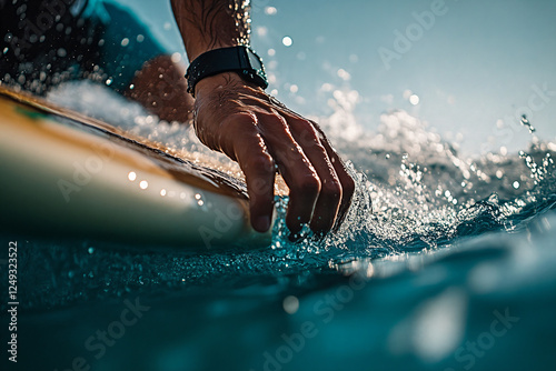 Close-up of a surfer's hands on a surfboard holding the edge of a wooden surfboard while riding on crystal clear water with waves, taken from behind at an angle.
