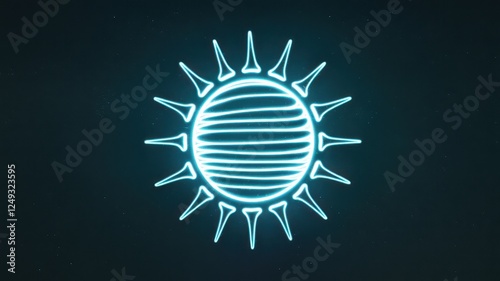 A stylized neon blue sun emblem glowing against a dark background, featuring sharp rays that emphasize a modern and vibrant design. photo