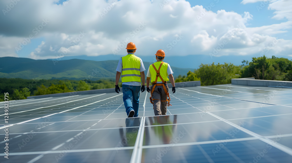 Two Workers Walking on a Solar Panel Roof with Mountains Visible on a Bright Day, Emphasizing Renewable Energy and Teamwork in Sustainable Technology Two Workers Walking on a Solar Panel Roof with Mountains Visible on a Bright Day, Emphasizing Renewable Energy and Teamwork in Sustainable Technology