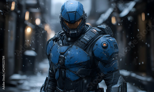 Futuristic warrior in blue armor, snowy city background, action shot, possible use in a game or sci-fi themed media
