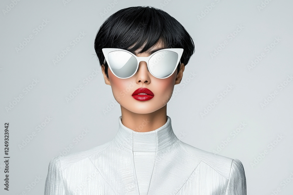 Professional model showcasing stylish eyewear and attire Professional model showcasing stylish eyewear and attire