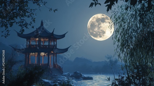 Wallpaper Mural A moon is shining on a pond near a pagoda Torontodigital.ca
