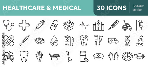 30+ healthcare icons including stethoscope, syringe, medical cross, heartbeat, pill, hospital, thermometer, wheelchair, IV bag, bandage, perfect for medical apps, websites, and presentations