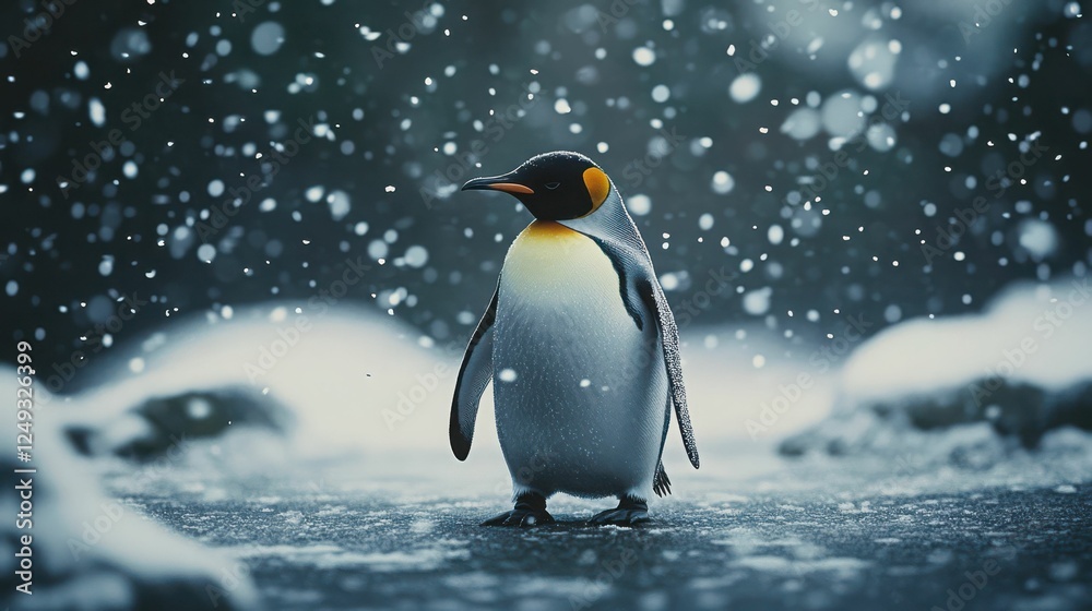 Fototapeta premium Emperor penguin in snowfall: majestic winter portrait