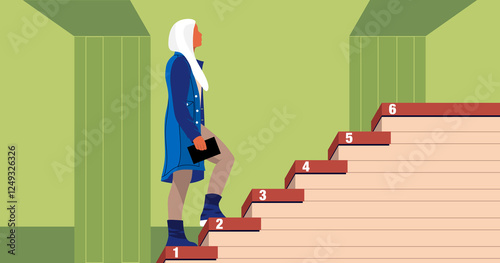 Woman climbing six steps of success illustration. Woman career concept.