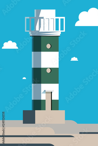 A serene beachside with a vibrant lighthouse standing tall near the shoreline.
