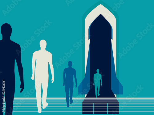 People board a spaceship ready to take flight. Space illustration concept.