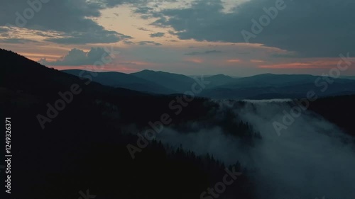 Aerial view of sunrise in the misty forest. Foggy golden sunset in mountains. Flying over green trees valley. Morning mist, country fields, sun rising above the horizon. Scenic nature landscape.