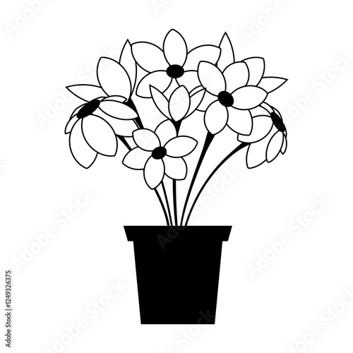 House flower drawn in crayon. Shades of black and white. Line art.