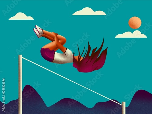 Illustration of a girl doing sports, jumping over a bar.