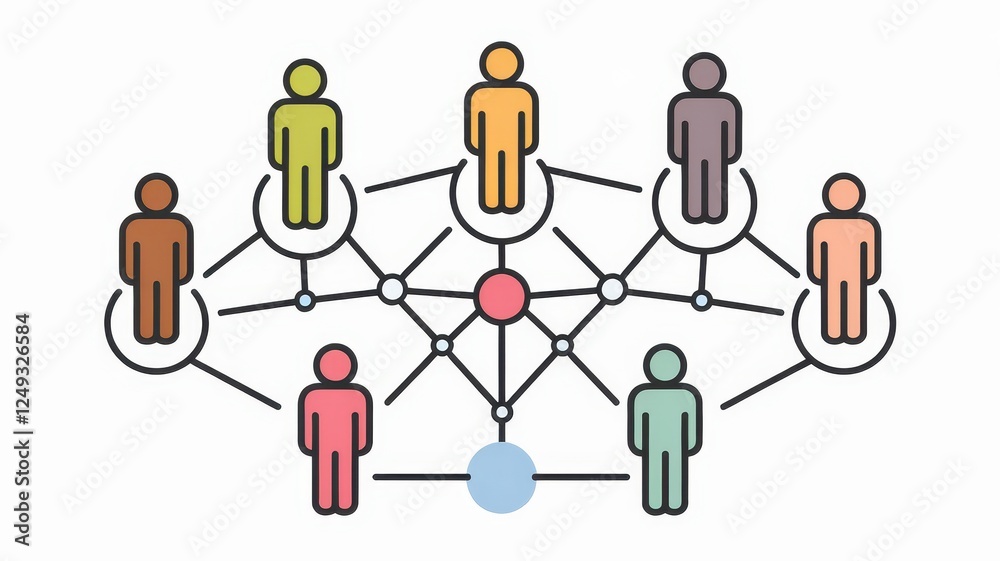 A diverse group of people connected in a network graphic, showcasing collaboration and teamwork. The design features multicolored figures linked by lines.